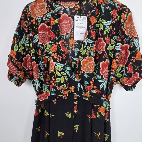 NWT ZARA Floral Print V-Neck Button-Up Short Dolman Sleeve Maxi Dress Size XL - Picture 5 of 10